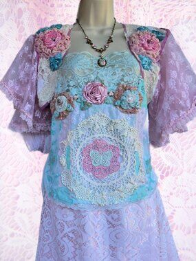 Handmade Pink Rose & Lace Romanti Cottagecore Bolero Shrug Floral Jacket Wedding